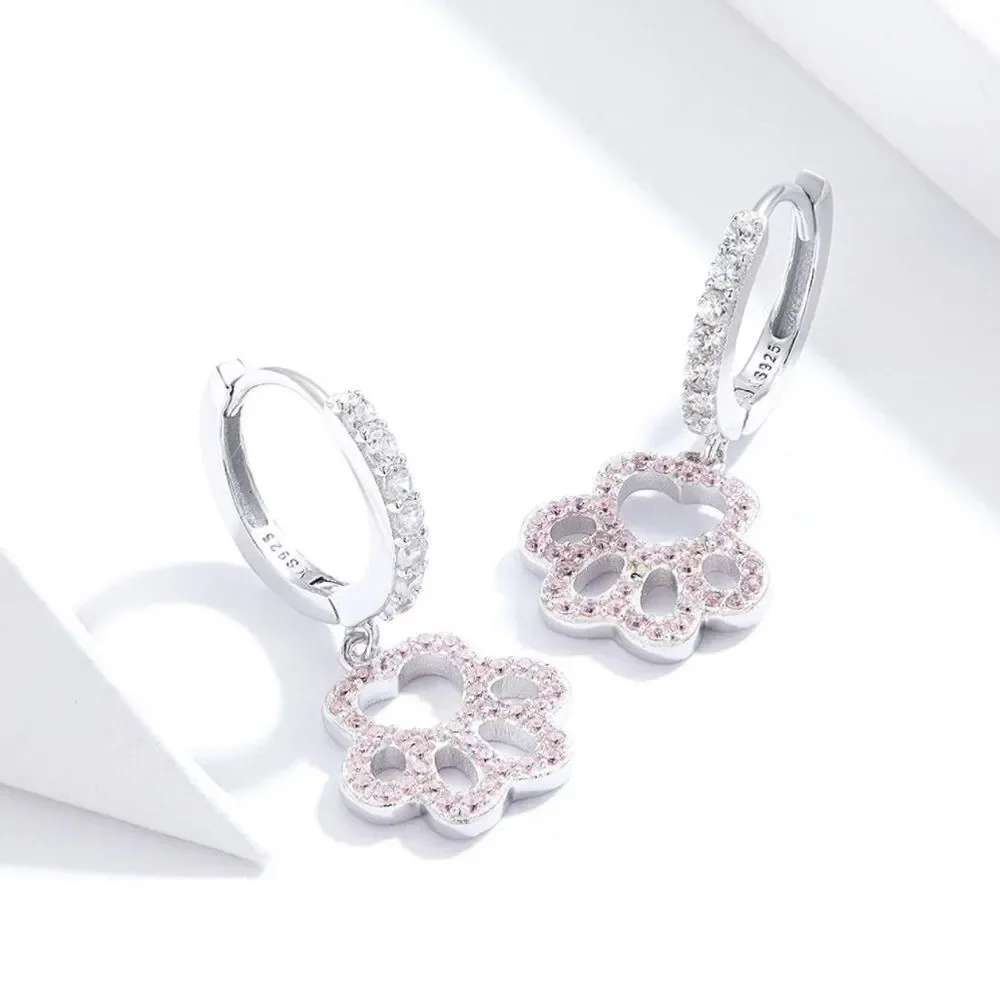 925 Sterling Silver with Pink Sapphire and Diamond Paw Print Huggie Earrings